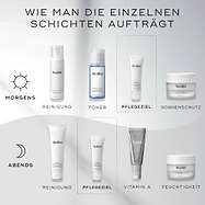 Eine  How to Layer“-Grafik zeigt AM- und PM-Hautpflegeroutinen. Clarity Peptides wird als Schritt  Target“ gezeigt, nach Reinigung und Toner und vor Sonnenschutz oder Feuchtigkeitscreme aufgetragen.