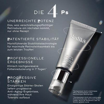 Eine elegante Nahaufnahme einer Tube Medik8 Crystal Retinal 6, die diagonal positioniert ist. Links beschreiben vier Textabschnitte in deutscher Sprache mit Überschriften in Großbuchstaben (UNERREICHTE POTENZ, PATENTIERTE STABILITÄT, PROFESSIONELLE ERGEBNISSE, PROGRESSIVE STÄRKEN) die Eigenschaften und Vorteile des Produkts. Sternchen verweisen auf Fußnoten unten rechts.
