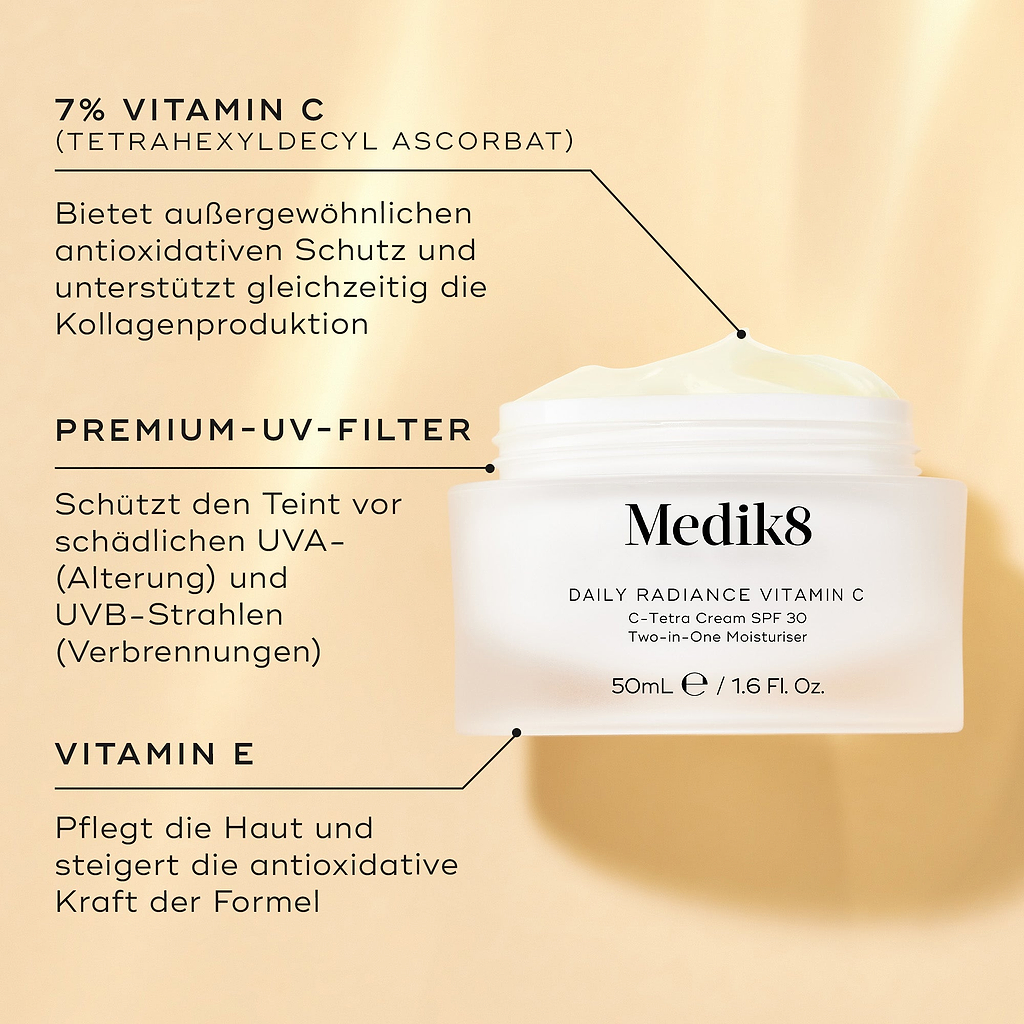 Geöffneter Glastiegel von Medik8 Daily Radiance Vitamin C vor warmem goldenen Hintergrund mit Hervorhebung der Inhaltsstoffe. Der Text betont 7 % Vitamin C (Tetrahexyldecylascorbat) für antioxidativen Schutz und Unterstützung der Kollagenbildung, hochwertige UV-Filter für UVA- und UVB-Schutz sowie Vitamin E zur Pflege der Haut und zur Verstärkung der antioxidativen Wirkung.