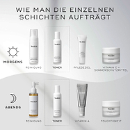 Eine  How to Layer“-Grafik zeigt AM- und PM-Hautpflegeroutinen. Daily Refresh Balancing Toner wird als  Tone“-Schritt gezeigt, angewendet nach der Reinigung und vor gezielten Seren.
