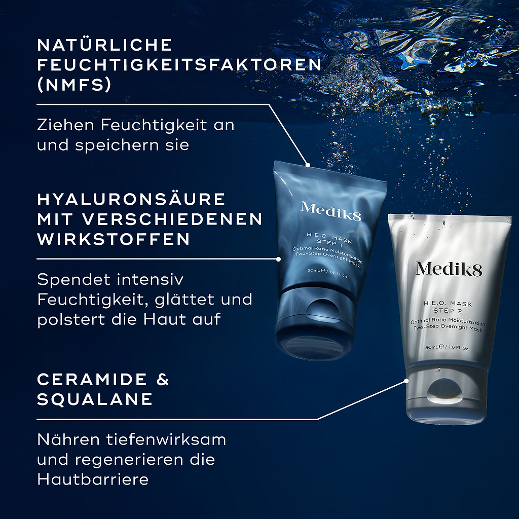 Zwei Tuben Medik8 H.E.O. Maske (blaue Stufe 1 und weiße Stufe 2) werden vor einem Hintergrund aus Wassertropfen präsentiert. Texthinweise heben die wichtigsten Inhaltsstoffe hervor: NATÜRLICHE FEUCHTIGKEITSFAKTOREN, HYALURONSÄURE MIT MEHREREN GEWICHTEN, CERAMIDE UND SQUALAN