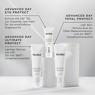 Drei weiße Advanced Day Tuben von Medik8 stehen auf weißen zylindrischen Blöcken vor hellgrauem Hintergrund. Der Text hebt Advanced Day Eye Protect mit SPF 30 für den empfindlichen Augenbereich hervor, Advanced Day Ultimate Protect mit SPF 50+ und einem DNA-Reparaturenzym sowie Advanced Day Total Protect mit leichtem SPF 30 und 360-Grad-Umweltschutz.