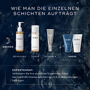 Ein Schema zur Schichtanwendung veranschaulicht die Hautpflegeroutine für den Abend. Sie umfasst Reinigung (Medik8 Lipid-Balance Cleansing Oil), Tonisierung (Medik8 Press & Glow), Vitamin A (Medik8 Crystal Retinal) und Maske (Medik8 H.E.O. Mask Step 1 und Step 2). Experten empfehlen, zwischen den H.E.O. Mask-Anwendungen Hydr8 B5 Intense aufzutragen, um die sichtbaren Ergebnisse zu verstärken.
