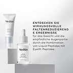 Eine klare Glas-Tropfflasche des Liquid Peptides Serums und eine Tube Eyelift Peptides werden gezeigt. Der Text lautet ENTDECKEN SIE KRAFTVOLLE FALTENREDUZIERENDE ERGEBNISSE für Gesicht und die empfindliche Augenpartie, indem Sie Liquid Peptides mit Eyelift Peptides kombinieren.