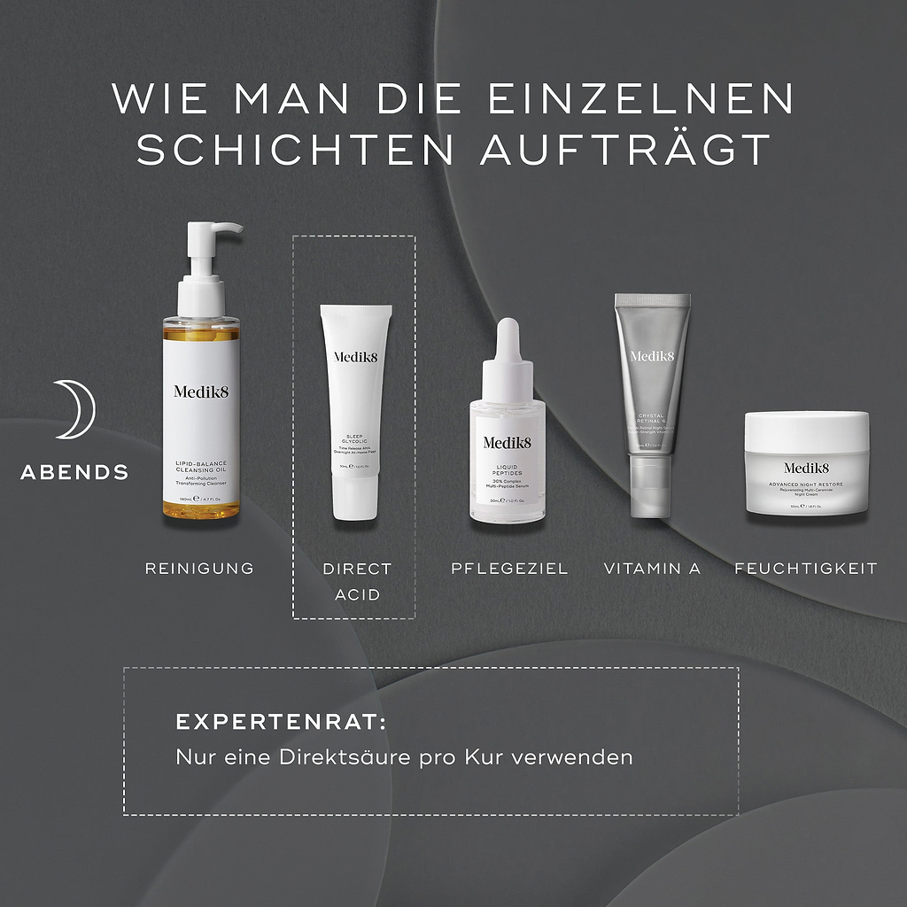 „Dunkles, minimalistisches ‘How to Layer’-Visual mit Mondsymbol für die PM-Routine. Die Medik8 Produkte sind in der richtigen Reihenfolge dargestellt, mit Text unter jedem Schritt: ‘Reinigen’ (Lipid-Balance Cleansing Oil), ‘Direktsäure’ (Sleep Glycolic), ‘Gezielt behandeln’ (Liquid Peptides), ‘Vitamin A’ (Crystal Retinal) und ‘Feuchtigkeitspflege’ (Advanced Night Restore). Ein gestrichelter Rahmen hebt den Schritt ‘Direktsäure’ hervor. Darunter steht: ‘Expertenrat: Verwenden Sie nur eine Direktsäure pro Pfl