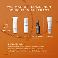 Infografik zum Thema Hautpflege auf orangefarbenem Hintergrund, auf der vier MediK8-Produkte für die morgendliche und tägliche Anwendung dargestellt sind, ergänzt durch einen Text mit Erläuterungen zur richtigen Anwendung in mehreren Schichten.