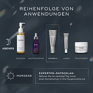 Ein Leitfaden zur Schichtung der Medik8-Hautpflegeprodukte. Oben wird die ‚ABENDS‘-Routine mit fünf Produkten und den Schritten ‚REINIGEN‘, ‚HAUTBEDÜRFNIS‘, ‚VITAMIN A‘, ‚AUGEN‘ und ‚FEUCHTIGKEIT‘ dargestellt. Unten wird die ‚MORGENS‘-Routine mit einem ‚EXPERTE-RATSCHLAG‘ auf Deutsch zur Integration von Sonnenschutz gezeigt.