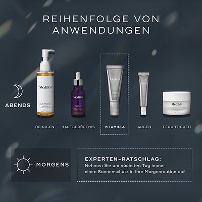 Ein Leitfaden zur Schichtung der Medik8-Hautpflegeprodukte. Oben wird die ‚ABENDS‘-Routine mit fünf Produkten und den Schritten ‚REINIGEN‘, ‚HAUTBEDÜRFNIS‘, ‚VITAMIN A‘, ‚AUGEN‘ und ‚FEUCHTIGKEIT‘ dargestellt. Unten wird die ‚MORGENS‘-Routine mit einem ‚EXPERTE-RATSCHLAG‘ auf Deutsch zur Integration von Sonnenschutz gezeigt.