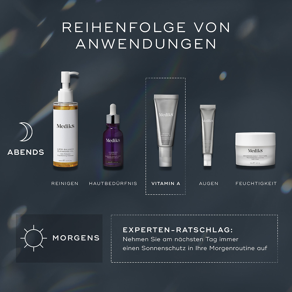 Ein Leitfaden zur Schichtung der Medik8-Hautpflegeprodukte. Oben wird die ‚ABENDS‘-Routine mit fünf Produkten und den Schritten ‚REINIGEN‘, ‚HAUTBEDÜRFNIS‘, ‚VITAMIN A‘, ‚AUGEN‘ und ‚FEUCHTIGKEIT‘ dargestellt. Unten wird die ‚MORGENS‘-Routine mit einem ‚EXPERTE-RATSCHLAG‘ auf Deutsch zur Integration von Sonnenschutz gezeigt.