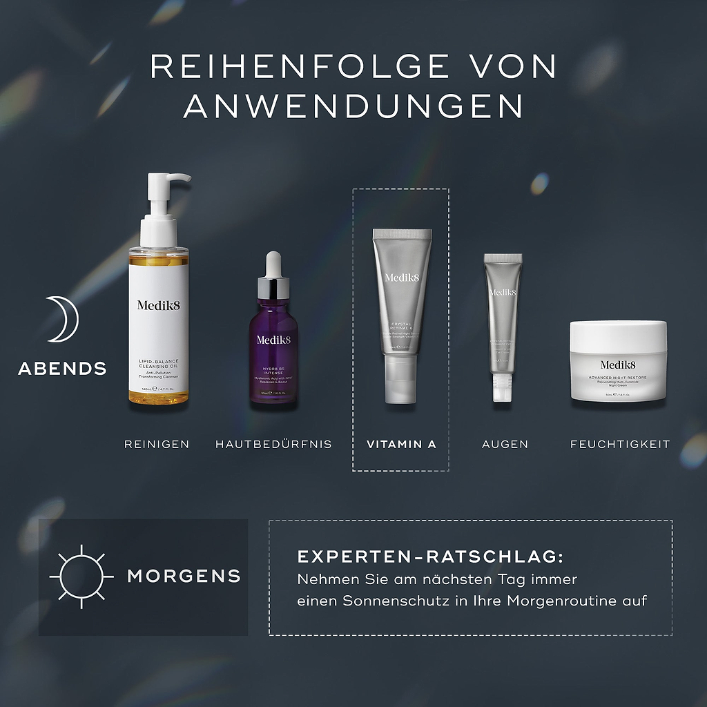 Ein Leitfaden zur Schichtung der Medik8-Hautpflegeprodukte. Oben wird die ‚ABENDS‘-Routine mit fünf Produkten und den Schritten ‚REINIGEN‘, ‚HAUTBEDÜRFNIS‘, ‚VITAMIN A‘, ‚AUGEN‘ und ‚FEUCHTIGKEIT‘ dargestellt. Unten wird die ‚MORGENS‘-Routine mit einem ‚EXPERTE-RATSCHLAG‘ auf Deutsch zur Integration von Sonnenschutz gezeigt.