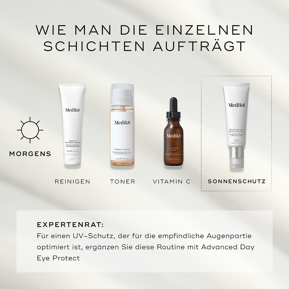 How to Layer - Guide zeigt Medik8 Surface Radiance Cleanse als ersten Schritt für die Morgen- und Abendroutine. Die Morgenroutine wird fortgesetzt mit Press & Glow (Toner), C-Tetra Luxe (Vitamin C) und Advanced Day Ultimate Protect (Sonnenschutz). Die Abendroutine wird fortgesetzt mit Press & Clear (Toner), Crystal Retinal (Vitamin A) und Advanced Night Restore (Feuchtigkeitspflege).