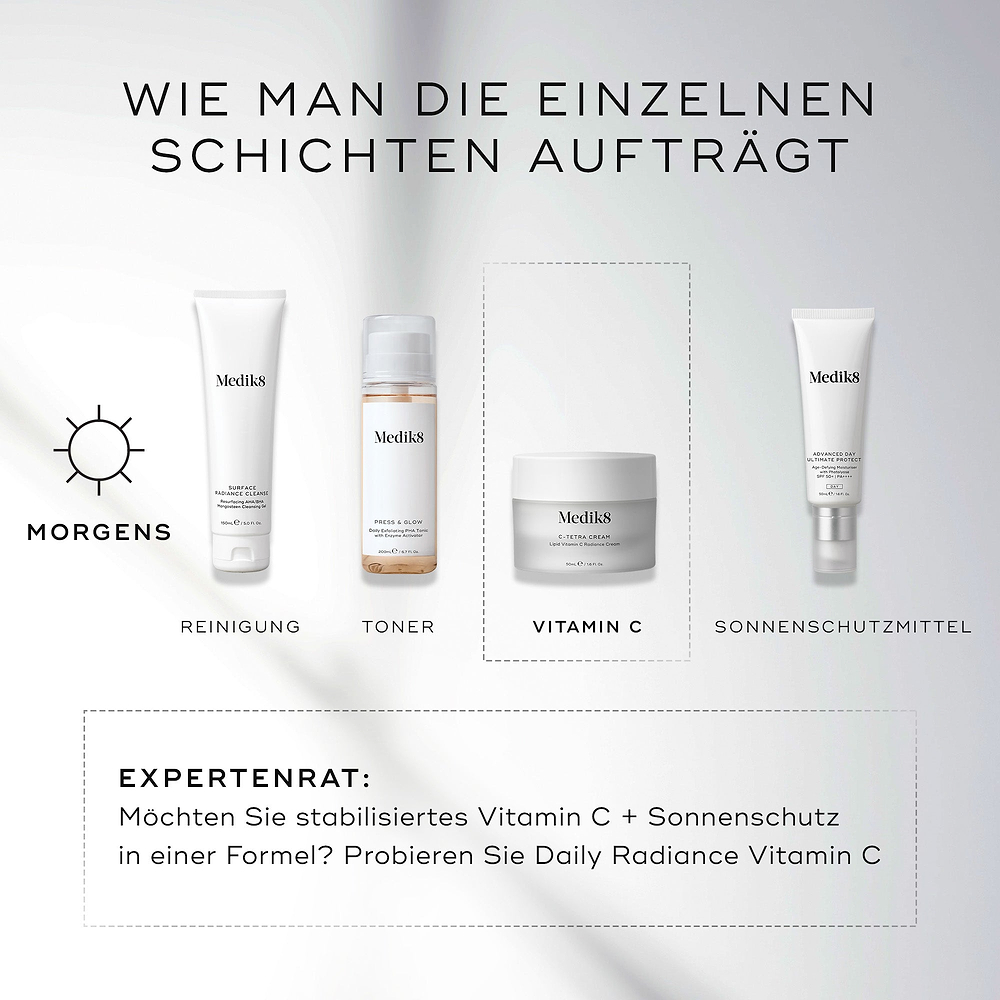 "Ein Medik8 How to Layer Leitfaden auf weißem Hintergrund mit weichen Lichtstrahlen. Ein AM-Sonnen-Symbol zeigt eine vierstufige Morgenroutine, wobei der dritte Schritt in einem gestrichelten Kasten hervorgehoben ist:

REINIGEN: Medik8 Surface Radiance Cleanse Tube

TONISIEREN: Medik8 Press & Glow Flasche

VITAMIN C: Medik8 C-Tetra Cream Glas

SONNENSCHUTZ: Medik8 Advanced Day Ultimate Protect Tube