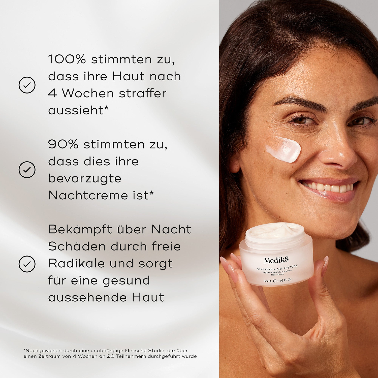 Geteiltes Bild mit der Reinigungsflasche neben einer Liste von Vorteilen, einschließlich Entfernt sanft Unreinheiten von geröteter, sensibilisierter und nach Behandlungen behandelter Haut und Reduziert das Erscheinungsbild von Rötungen.