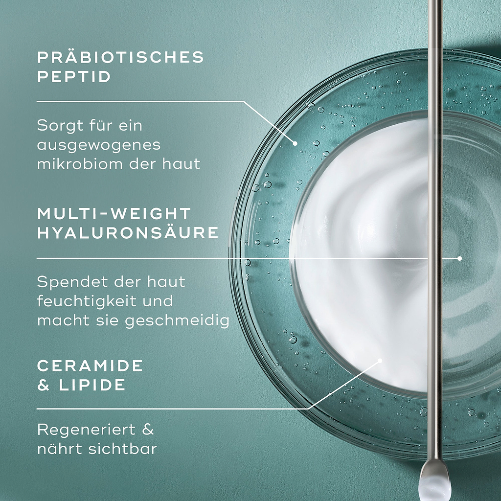 Tägliche Feuchtigkeitscreme im Glas mit der Frage „WAS IST DRIN?“. Textinformationen identifizieren die wichtigsten Inhaltsstoffe: „PREBIOTIC PEPTIDE“, „MULTI-WEIGHT HYALURONIC ACID“ und „CERAMIDES & LIPIDS“.