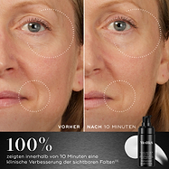 Ein Vorher-Nachher-Vergleich des Gesichts eines Teilnehmers wird neben der Flasche des Medik8 Liquid Peptides Advanced MP gezeigt. Die Bilder demonstrieren eine Verringerung der Falten um Augen und Mund. Der Text hebt hervor, dass 100 % eine klinische Verbesserung sichtbarer Falten innerhalb von 10 Minuten zeigten.