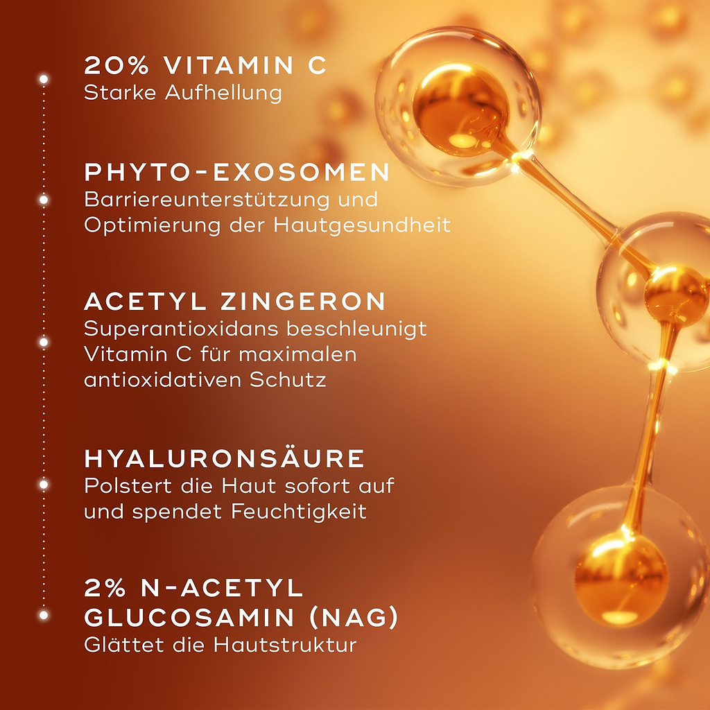 Molekulare Darstellung der Hauptwirkstoffe in Medik8 C-Tetra Advanced, mit Text, der 20 % Vitamin C, Phyto-Exosomen, Acetyl-Zingeron, Hyaluronsäure und N-Acetyl-Glucosamin (NAG) für Aufhellung, Feuchtigkeit und Unterstützung der Hautbarriere hervorhebt.