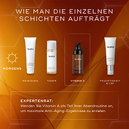 Medik8 Hautpflege-Schichtungsanleitung für die Morgenroutine, mit Reinigung, Toner, C-Tetra Advanced Serum zur Aufhellung und SPF-Feuchtigkeitscreme für optimalen Hautschutz und Hydratation.