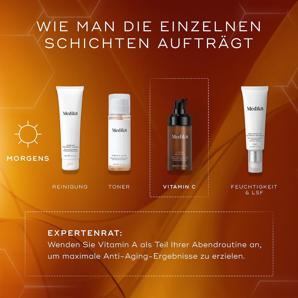 Medik8 Hautpflege-Schichtungsanleitung für die Morgenroutine, mit Reinigung, Toner, C-Tetra Advanced Serum zur Aufhellung und SPF-Feuchtigkeitscreme für optimalen Hautschutz und Hydratation.