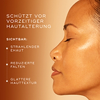 Nahaufnahme einer Frau mit strahlender, gleichmäßiger Haut, mit Text, der zeigt, wie C-Tetra Advanced vor vorzeitiger Hautalterung schützt, indem es Leuchtkraft, Falten und Hautstruktur verbessert.