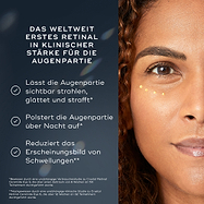 Das Gesicht einer Frau wird gezeigt, mit kleinen Punkten des Crystal Retinal Ceramide Eye unter einem Auge aufgetragen. Der Text hebt die WELTWEIT ERSTE KLINISCHE STÄRKE RETINAL FÜR DEN AUGENBEREICH hervor. Es hellt den Augenbereich sichtbar auf, glättet und strafft ihn, polstert die Augenpartie über Nacht auf und reduziert das Erscheinungsbild von Schwellungen.