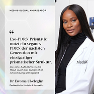 Porträt von Dr. Ewoma Ukeleghe in einem Medik8 Laborkittel. Ein Textfeld auf hellem, holografischem Hintergrund trägt den Titel „Medik8 Global Ambassador“ und enthält ihr Zitat: „Exo-PDRN Prismatic+ nutzt ein veganen PDRN der nächsten Generation, entwickelt mit einer einzigartigen prismatischen Struktur, die es ermöglicht, dass PDRN auch bei topischer Anwendung in die Haut aufgenommen wird.“ Sie ist als Medical & Cosmetics Doctor aufgeführt.