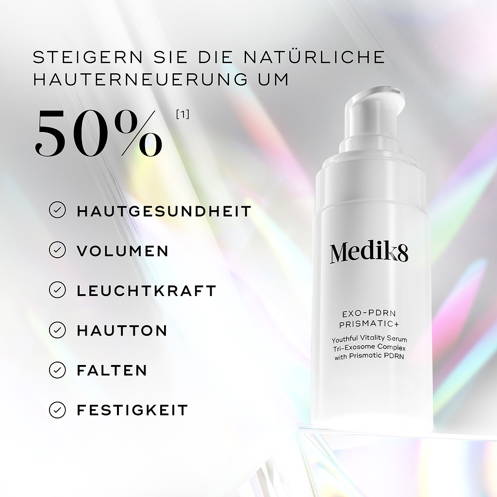 Medik8 Exo-PDRN Prismatic+ Serum mit dem Text „Steigert die natürliche Hauterneuerung um über 50 %*“ sowie den Vorteilen Hautgesundheit, Volumen, Ausstrahlung, Hautton, Falten und Festigkeit.