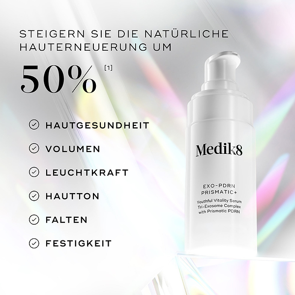 Medik8 Exo-PDRN Prismatic+ Serum mit dem Text „Steigert die natürliche Hauterneuerung um über 50 %*“ sowie den Vorteilen Hautgesundheit, Volumen, Ausstrahlung, Hautton, Falten und Festigkeit.