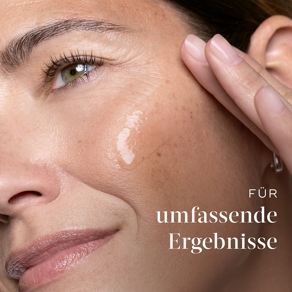 Nahaufnahme einer Frau, die das Medik8 Serum auf ihre Wange aufträgt, mit Hinweis auf Full-Spectrum-Ergebnisse.