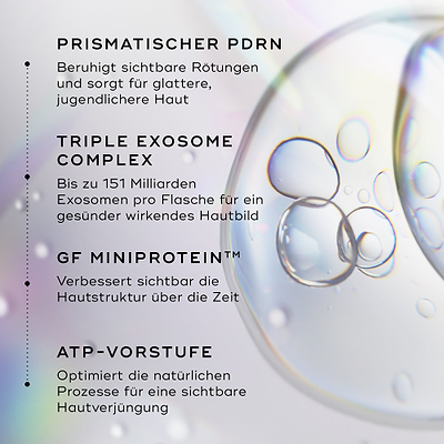 Grafik mit den wichtigsten Inhaltsstoffen von Medik8 Exo-PDRN Prismatic+, darunter prismenförmiges PDRN, dreifacher Exosomen-Komplex, Wachstumsfaktor MiniProtein und ATP-Vorstufe.