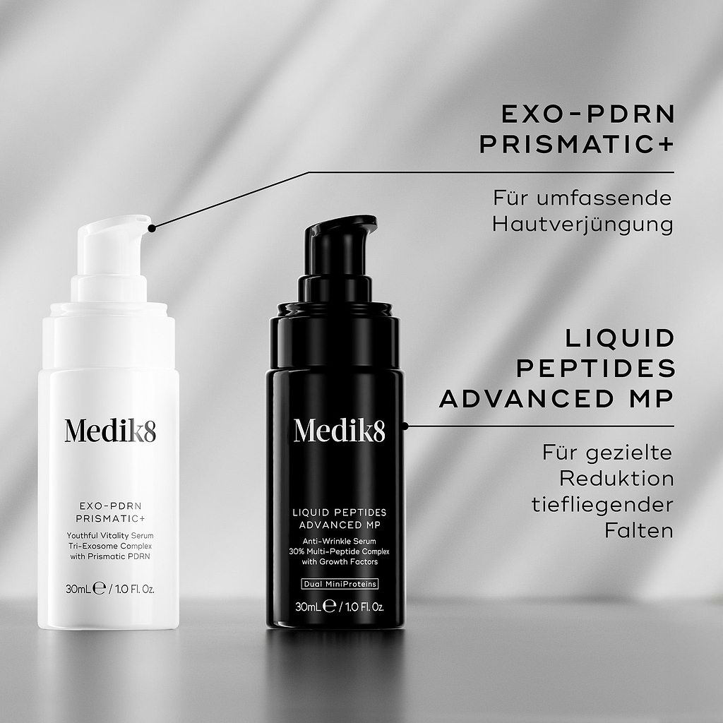 Medik8 Exo-PDRN Prismatic+ Serum zusammen mit Liquid Peptides Advanced MP als Routine-Kombination für eine fortschrittliche Reduktion tiefsitzender Falten dargestellt.