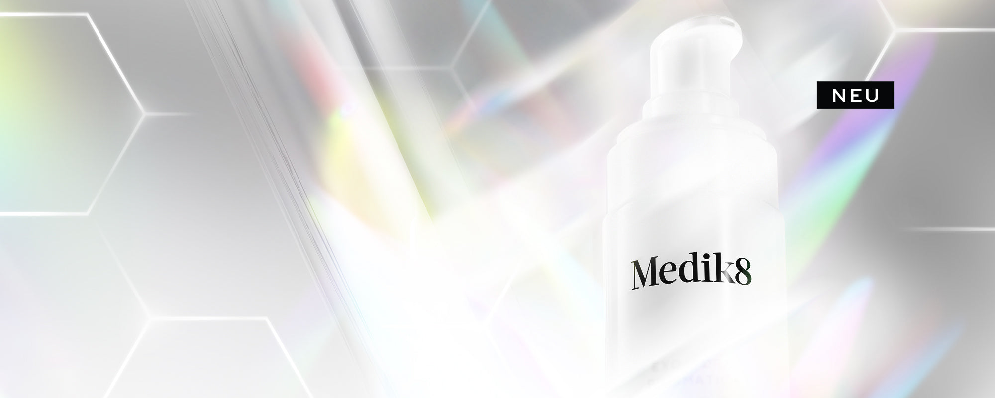 Medik8 serum pump bottle against an iridescent, prismatic background with subtle hexagonal graphics. Text reads ‘1 Breakthrough Formula, Full-Spectrum Results’, with a ‘NEW’ label and ‘Join the waitlist’ call-to-action.