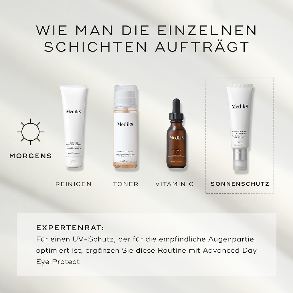 Eine How to Layer AM-Anleitung zeigt Medik8 Advanced Day Total Protect als letzten Schritt 'Sonnenschutz'. Die Routine beginnt mit Surface Radiance Cleanse (Reinigen), gefolgt von Press & Glow (Tonisieren) und C-Tetra Luxe (Vitamin C). Ein Textfeld gibt Expertenrat: Für optimalen UV-Schutz im Augenbereich Advanced Day Eye Protect zu dieser Routine hinzufügen.