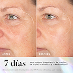 Comparación del antes y después del área debajo de los ojos y de las mejillas de una persona, con un círculo punteado que resalta la mejora en la textura de la piel. Debajo, el texto indica que está clínicamente comprobado que la piel se ve visiblemente más suave y tersa en un 43% en 7 días.