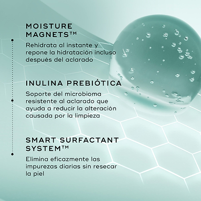  Imagen de los ingredientes: «IMANES DE HIDRATACIÓN», «INULINA PREBIÓTICA» y «SISTEMA DE TENSIOACTIVOS INTELIGENTES». El fondo es de un suave color verde menta con un patrón hexagonal y una gran gota translúcida de color verde azulado a la derecha.