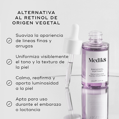 Se muestra un frasco cuentagotas de vidrio morado del sérum Bakuchiol Peptides con su cuentagotas. A la izquierda, el texto destaca el producto como una “ALTERNATIVA VEGETAL AL RETINOL” con beneficios que incluyen:

Suavizar líneas finas y arrugas
Unificar visiblemente el tono y la textura de la piel
Calmar, rellenar e iluminar la apariencia de la piel
Ser apto para su uso durante el embarazo y la lactancia