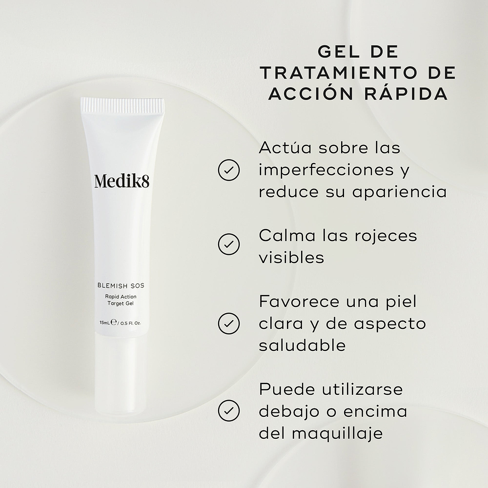 Se presenta un tubo blanco de Blemish SOS Rapid Action Target Gel. El texto lo destaca como un “GEL DE TRATAMIENTO DE ACCIÓN RÁPIDA”. Cuatro viñetas con marcas de verificación enumeran sus beneficios:

Actúa sobre las imperfecciones y reduce su apariencia
Calma el enrojecimiento visible
Favorece una piel clara y de aspecto saludable
Puede utilizarse debajo o encima del maquillaje