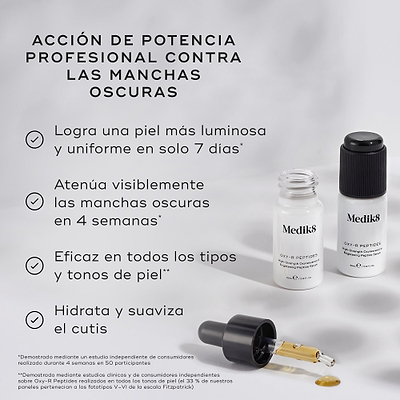 Se muestran dos pequeños frascos blancos de Oxy-R Peptides con gotas de sérum amarillo. El texto destaca: «ACCIÓN DE FUERZA PROFESIONAL SOBRE LAS MANCHAS OSCURAS». Los beneficios enumerados son: «Proporciona una piel más luminosa y uniforme en solo 7 días», «Atenúa las manchas oscuras visibles en 1 mes», «Eficaz para todo tipo y tono de piel» y «Hidrata y suaviza la tez».
