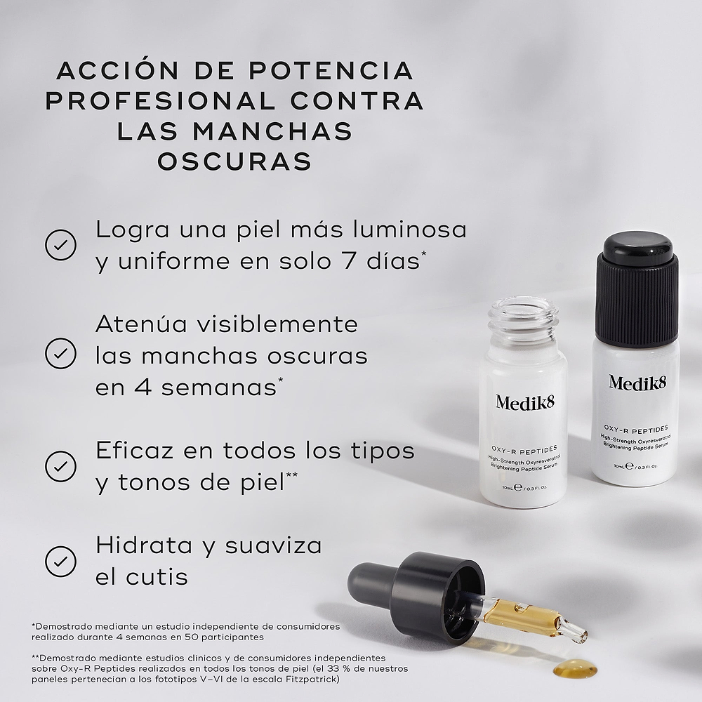 Se muestran dos pequeños frascos blancos de Oxy-R Peptides con gotas de sérum amarillo. El texto destaca: «ACCIÓN DE FUERZA PROFESIONAL SOBRE LAS MANCHAS OSCURAS». Los beneficios enumerados son: «Proporciona una piel más luminosa y uniforme en solo 7 días», «Atenúa las manchas oscuras visibles en 1 mes», «Eficaz para todo tipo y tono de piel» y «Hidrata y suaviza la tez».
