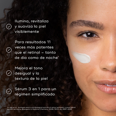 El rostro de una mujer aparece con una pequeña cantidad de crema blanca en la mejilla. Cuatro viñetas con marcas de verificación enumeran los beneficios: ilumina, revitaliza y suaviza visiblemente la piel; ofrece resultados 8 veces más potentes que el retinol* — tanto de día como de noche; mejora el tono y la textura desiguales de la piel; y es un sérum 3 en 1 para una rutina simplificada.