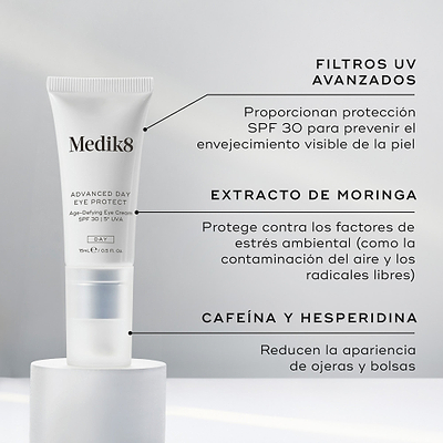 El tubo de Advanced Day Eye Protect se encuentra sobre un pedestal blanco. El texto destaca los filtros UV avanzados para protección SPF 30, el extracto de moringa para proteger frente a los agresores ambientales, y la cafeína y hesperidina para reducir las ojeras y la hinchazón.