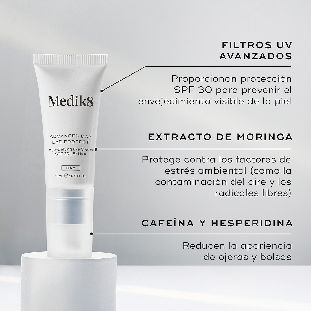 El tubo de Advanced Day Eye Protect se encuentra sobre un pedestal blanco. El texto destaca los filtros UV avanzados para protección SPF 30, el extracto de moringa para proteger frente a los agresores ambientales, y la cafeína y hesperidina para reducir las ojeras y la hinchazón.