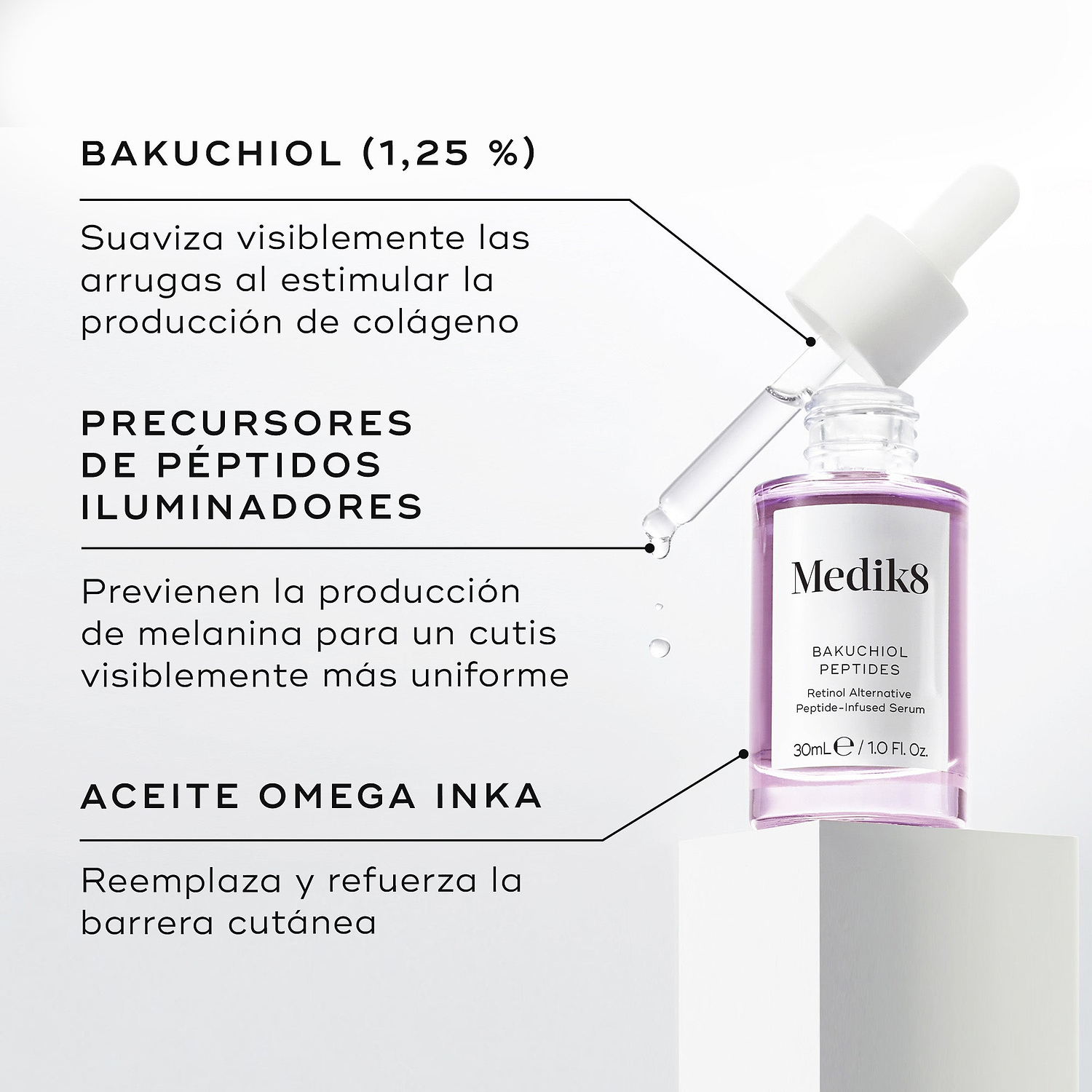 Se muestra un frasco cuentagotas de vidrio morado del sérum Bakuchiol Peptides. Los textos destacados detallan sus ingredientes clave: BAKUCHIOL (1,25 %), PRECURSORES DE PÉPTIDOS ILUMINADORES y ACEITE OMEGA DE INKA.