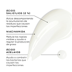 Una muestra de Blemish SOS se presenta sobre una superficie blanca, con una pequeña gota cerca. Los textos destacados resaltan los ingredientes clave:

Ácido salicílico (2 %): ayuda a descomponer la acumulación que provoca las imperfecciones.
Niacinamida: reduce el enrojecimiento visible y ayuda a regular la producción de grasa.
Ácido azelaico: ayuda a combatir las bacterias causantes de las imperfecciones.