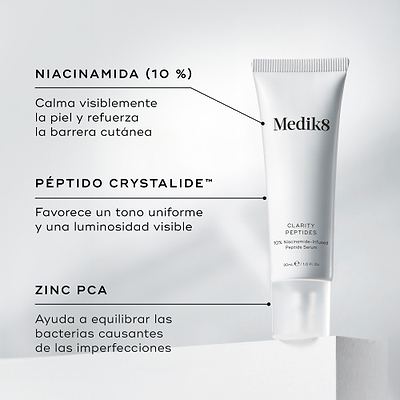 El tubo de Medik8 Clarity Peptides se encuentra sobre un bloque blanco junto a detalles de sus ingredientes. El texto destaca la Niacinamida (10 %) para calmar la piel, el Péptido Crystalide para aportar luminosidad y el Zinc PCA para equilibrar las bacterias.
