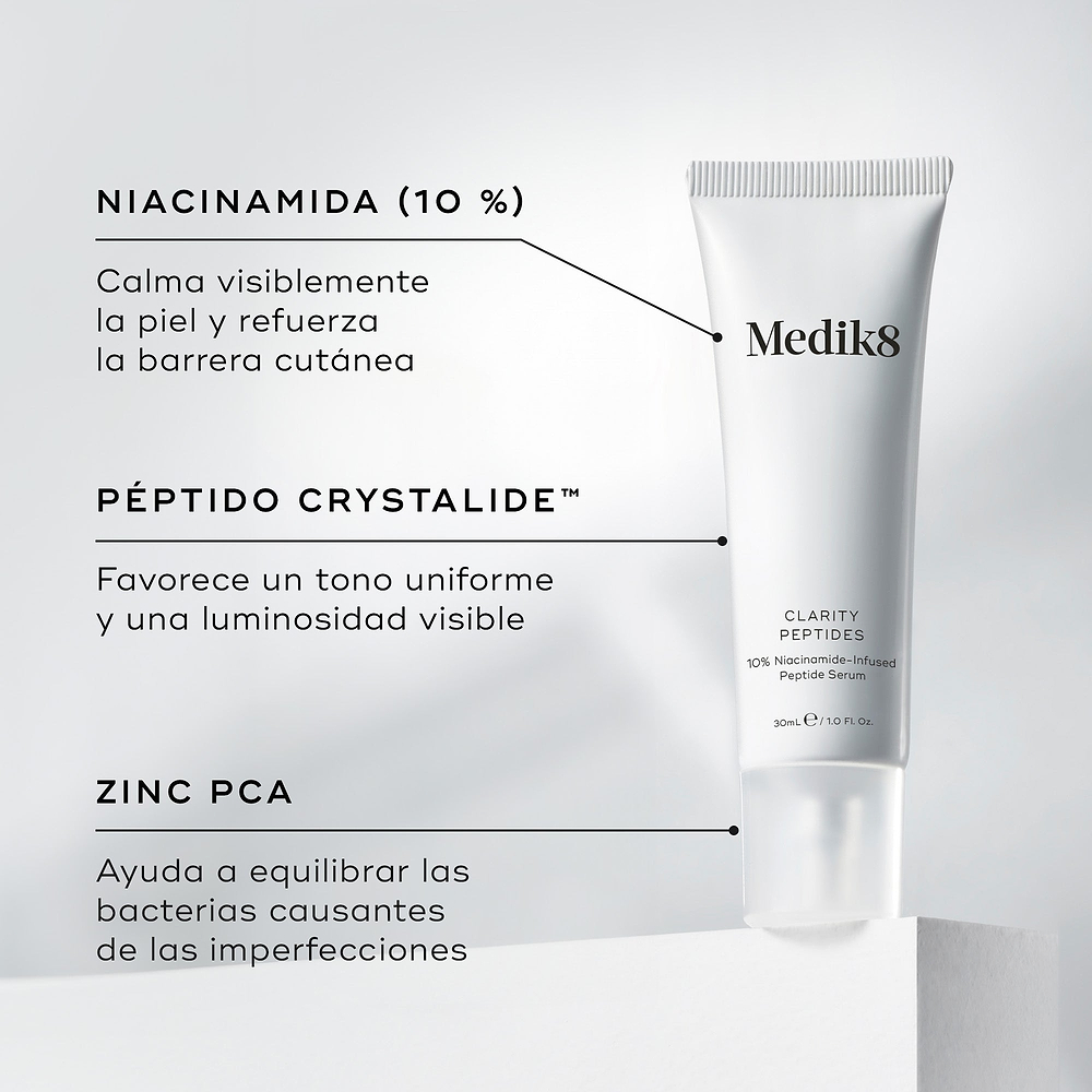 El tubo de Medik8 Clarity Peptides se encuentra sobre un bloque blanco junto a detalles de sus ingredientes. El texto destaca la Niacinamida (10 %) para calmar la piel, el Péptido Crystalide para aportar luminosidad y el Zinc PCA para equilibrar las bacterias.