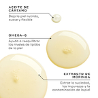 Tres gotas de aceite muestran los ingredientes clave. El texto destaca el aceite de cártamo por su nutrición, el omega-6 por el equilibrio lipídico y el extracto de moringa por ayudar a eliminar impurezas y contaminación.