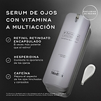 Se muestra una botella blanca con dispensador de r-Retinoate Day & Night Eye Serum con textos descriptivos que destacan los ingredientes clave: **RETINIL RETINOATO ENCAPSULADO**, **HESPERIDINA** y **CAFEÍNA**. Una nota al pie proporciona la referencia para la afirmación sobre el retinol.
