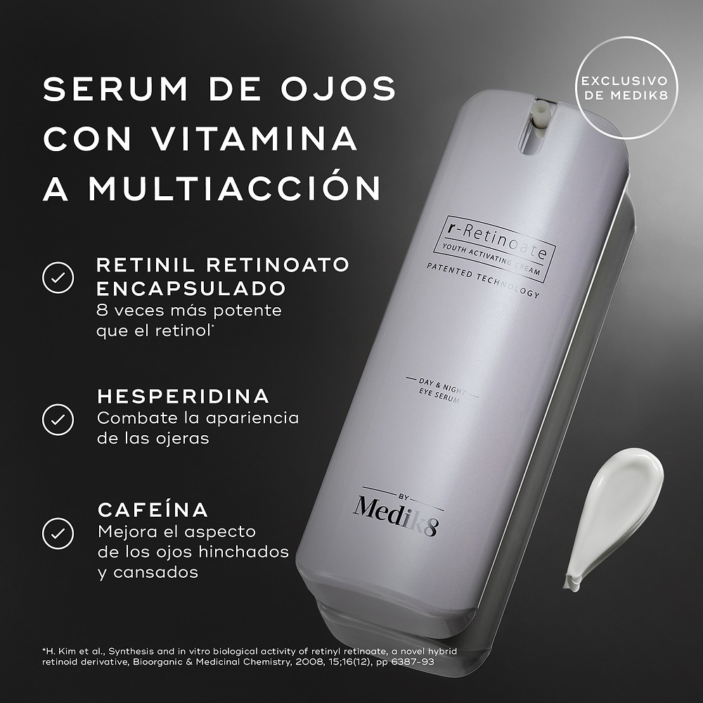 Se muestra una botella blanca con dispensador de r-Retinoate Day & Night Eye Serum con textos descriptivos que destacan los ingredientes clave: **RETINIL RETINOATO ENCAPSULADO**, **HESPERIDINA** y **CAFEÍNA**. Una nota al pie proporciona la referencia para la afirmación sobre el retinol.

