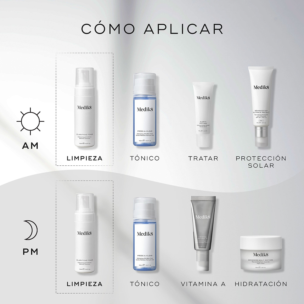 Guía “Cómo Aplicar en Capas” que muestra Medik8 Clarifying Foam como el primer paso tanto para las rutinas AM (mañana) como PM (noche).

La rutina AM continúa con Press & Clear (Tonificar), Clarity Peptides (Tratamiento específico) y Advanced Day Ultimate Protect (Protector solar).

La rutina PM continúa con Press & Clear (Tonificar), Crystal Retinal (Vitamina A) y Advanced Night Restore (Hidratar).