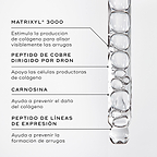 Primer plano del sérum Liquid Peptides dentro de un cuentagotas. Los textos destacados resaltan los ingredientes clave: MATRIXYL® 3000, PÉPTIDO DE COBRE DIRIGIDO POR DRONES, CARNOSINA y PÉPTIDO PARA LÍNEAS DE EXPRESIÓN.